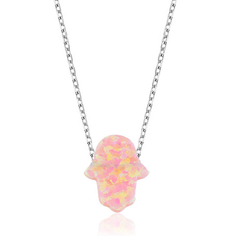 925 Ayar Gumus Pembe Opal Fatma Ana Eli Kadin Gumus Kolye