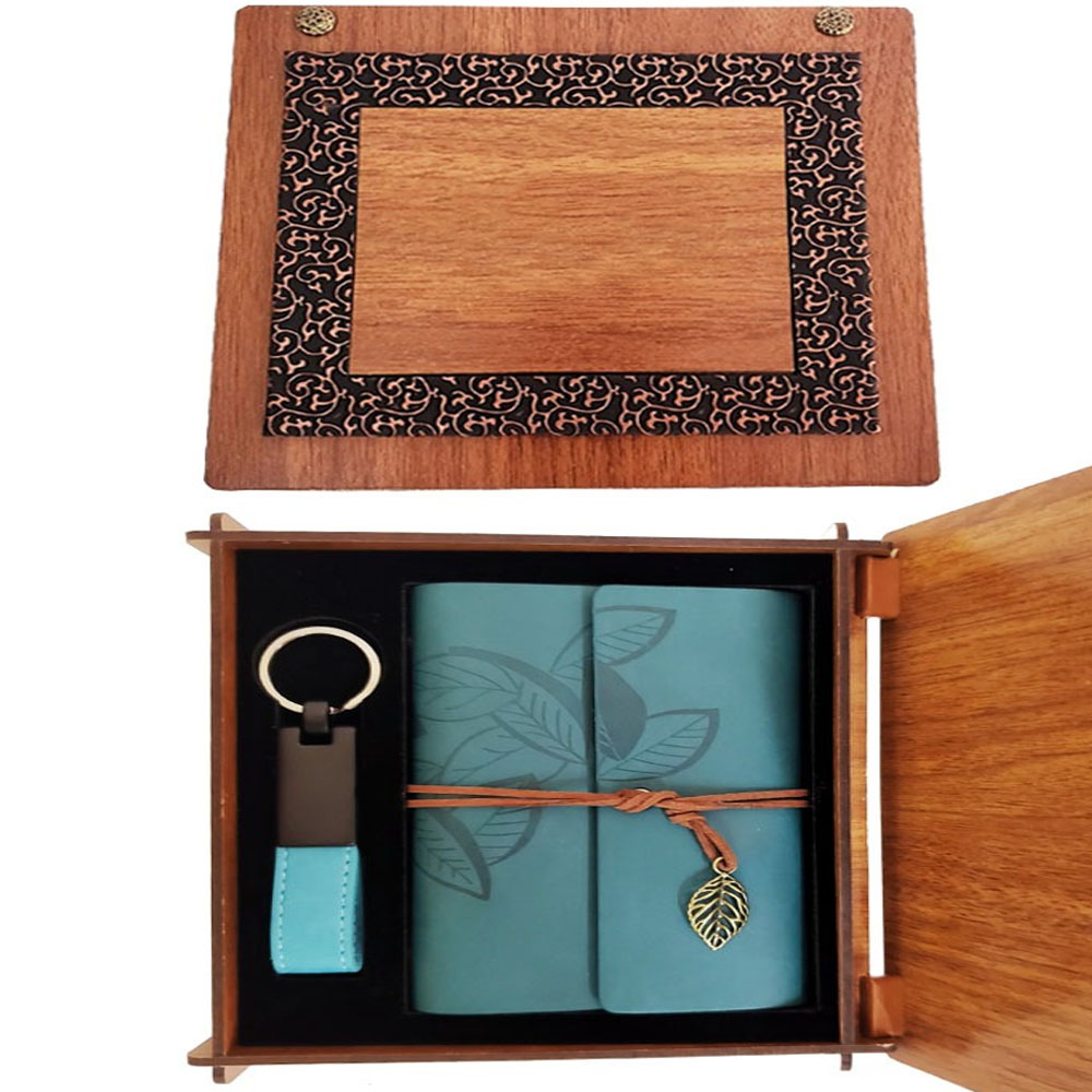 Ahsap Kutulu Mavi Deri Defter ve Anahtarlik Set