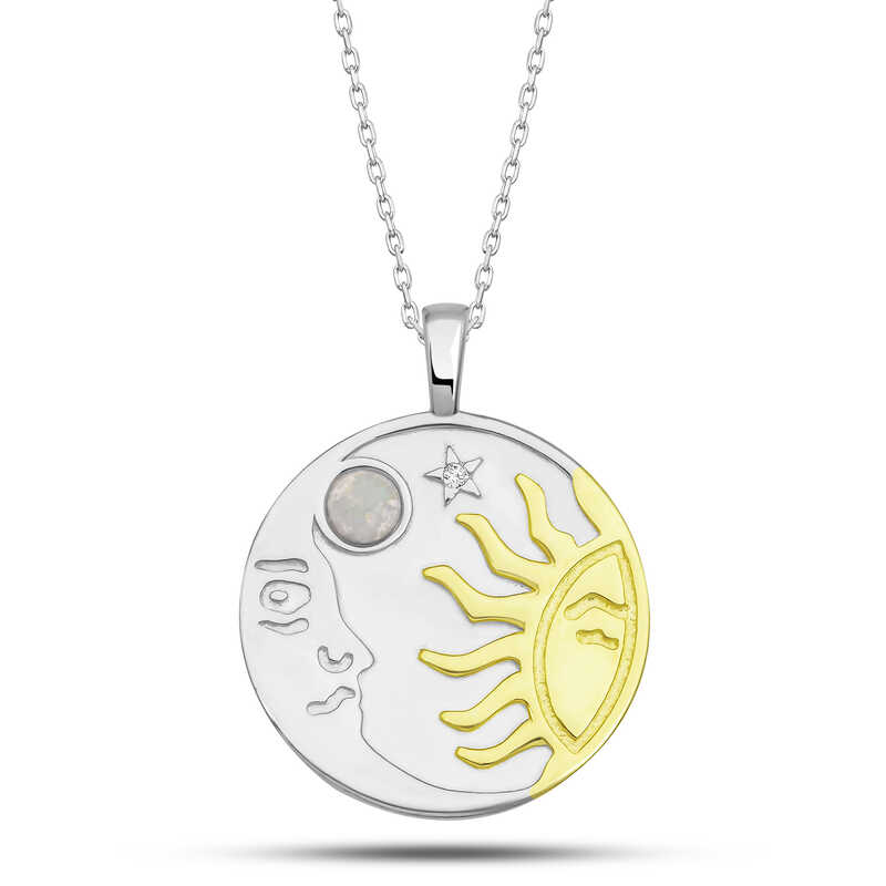 925 Ayar Gumus Opal Beyaz Tasli Ay Gunes Kadin Kolye