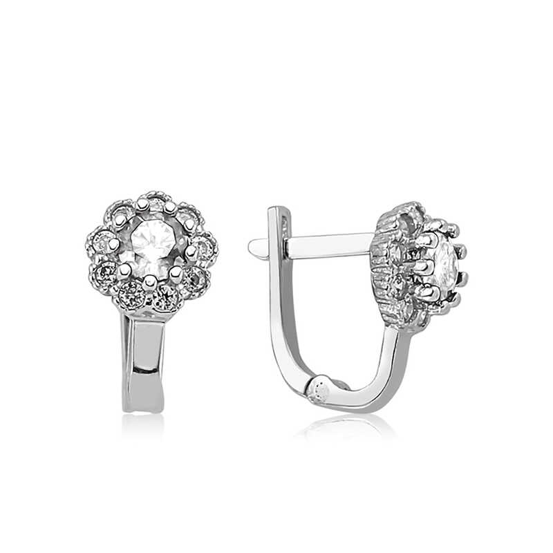 Gumus Beyaz Cicek Desenli Yuvarlak J Kadin Kupe