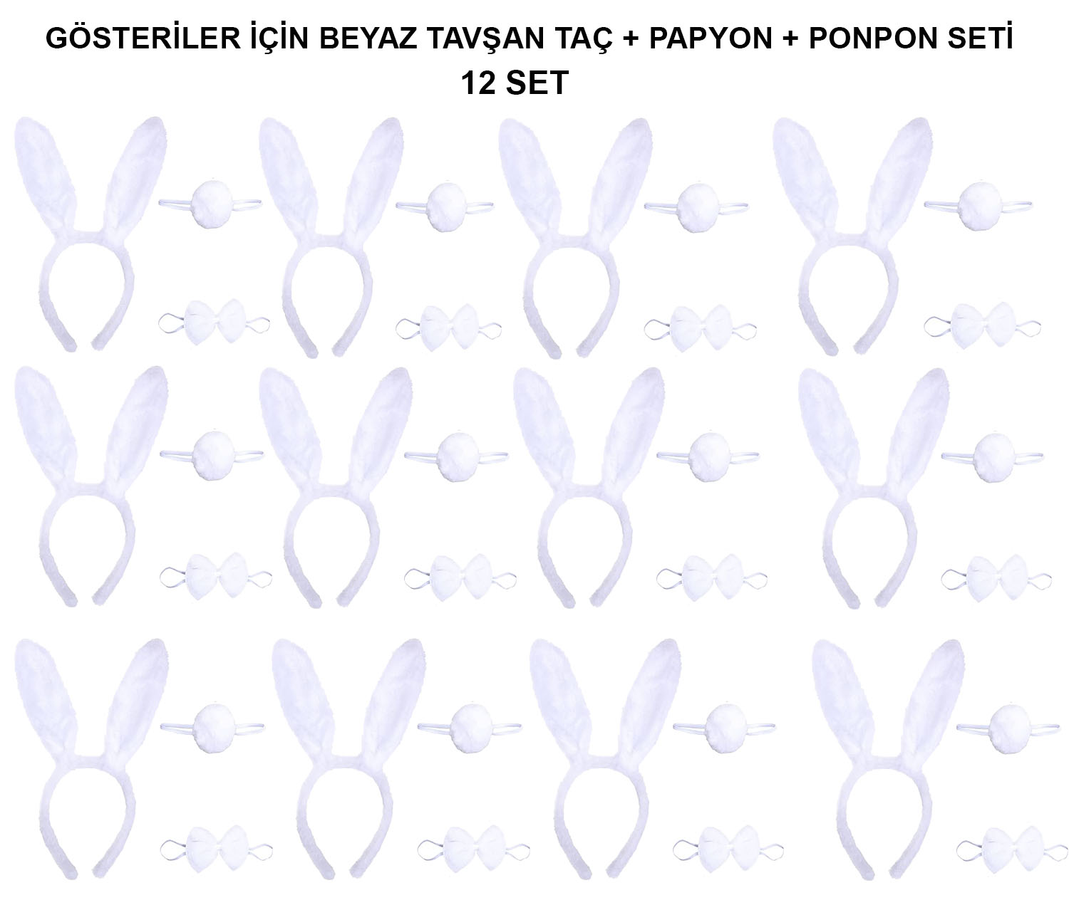 Beyaz Tavsan Kostum Seti – Tac, Papyon, Kuyruk (12’li Paket)