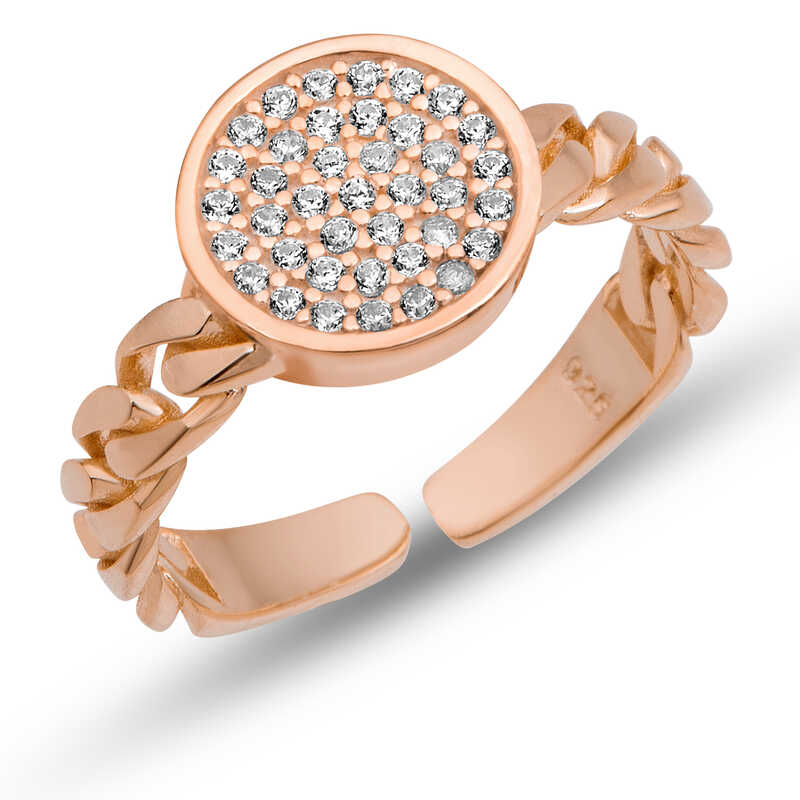 Gumus Ayarlanabilir Rose Yuvarlak Zirkon Tasli Kadin Yuzuk