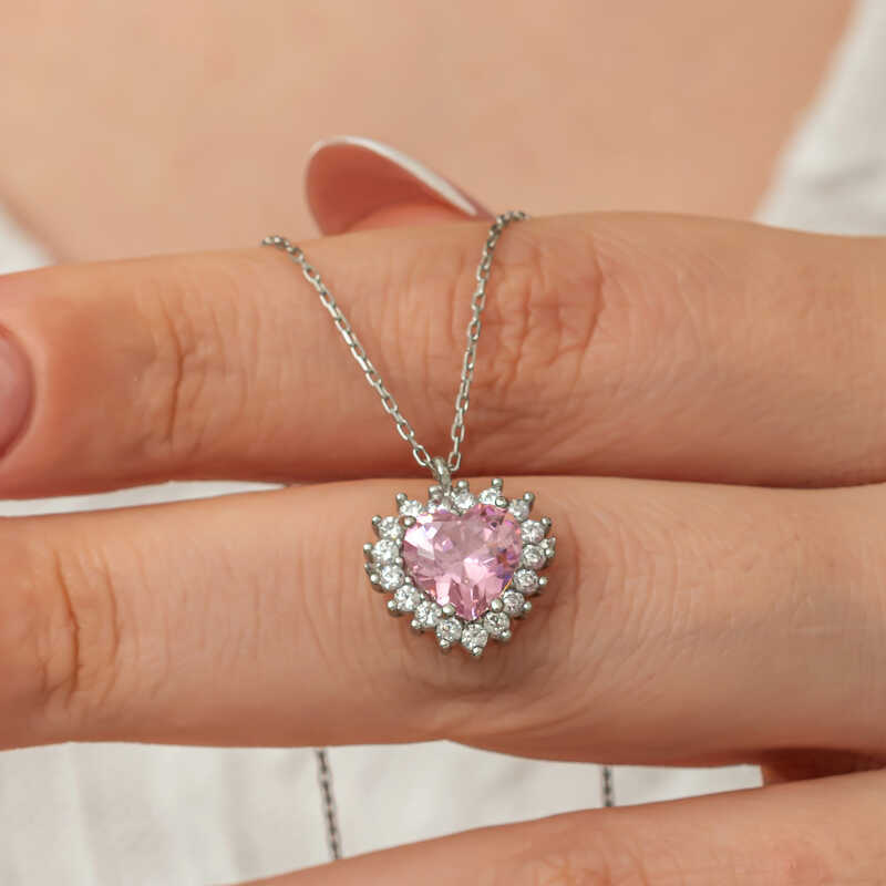 Gumus Pembe Tasli Kalp Kadin Kolye