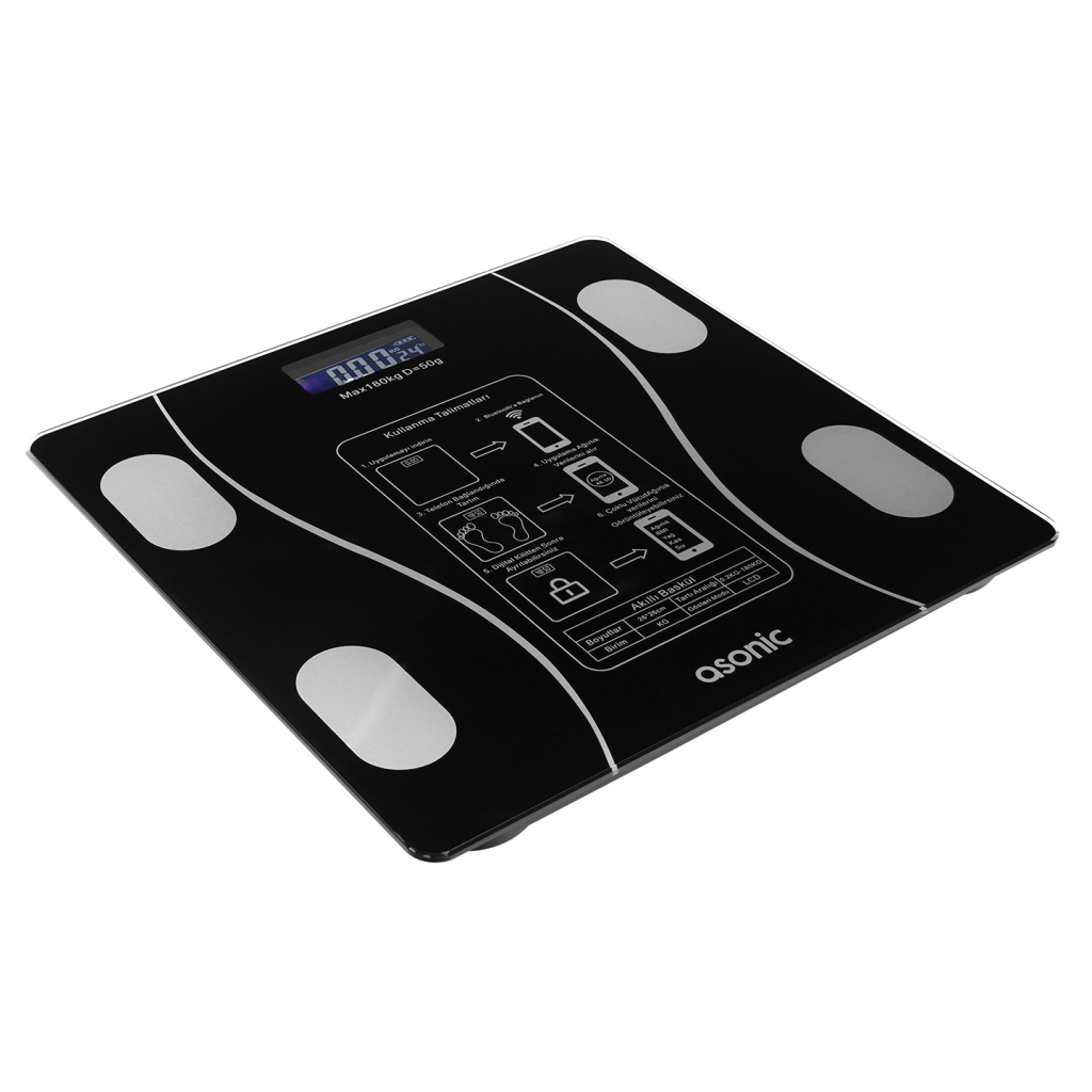 ASONIC BS260, Siyah, Bluetooth Destekli, Baskul. LCD Gosterge, 260x260mm, 180Kg a kadar olcme.