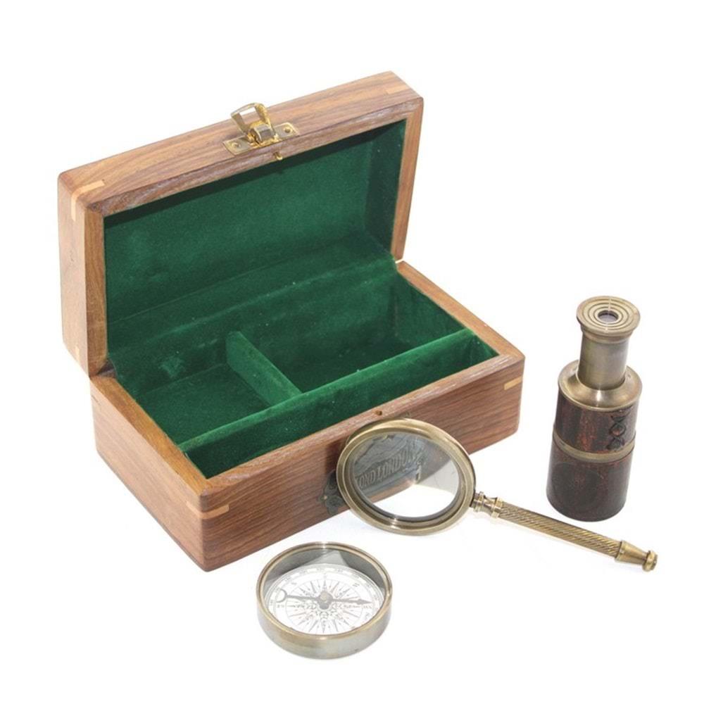 Ahsap Kutu Pirinc Pusula Durbun Buyutec Seti