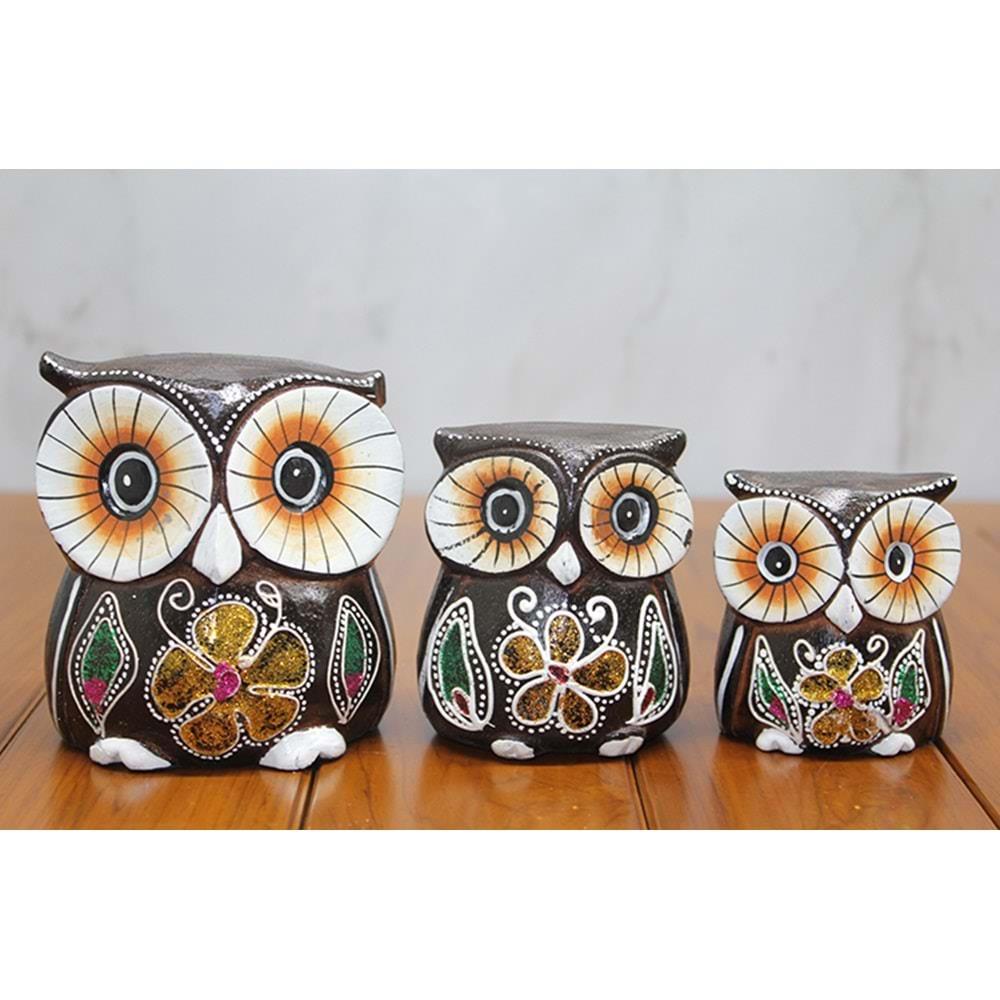 Ahsap 3'Lu Baykus Seti