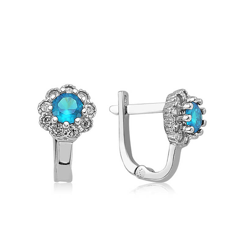 Gumus Turkuaz Cicek Desenli Yuvarlak J Kadin Kupe