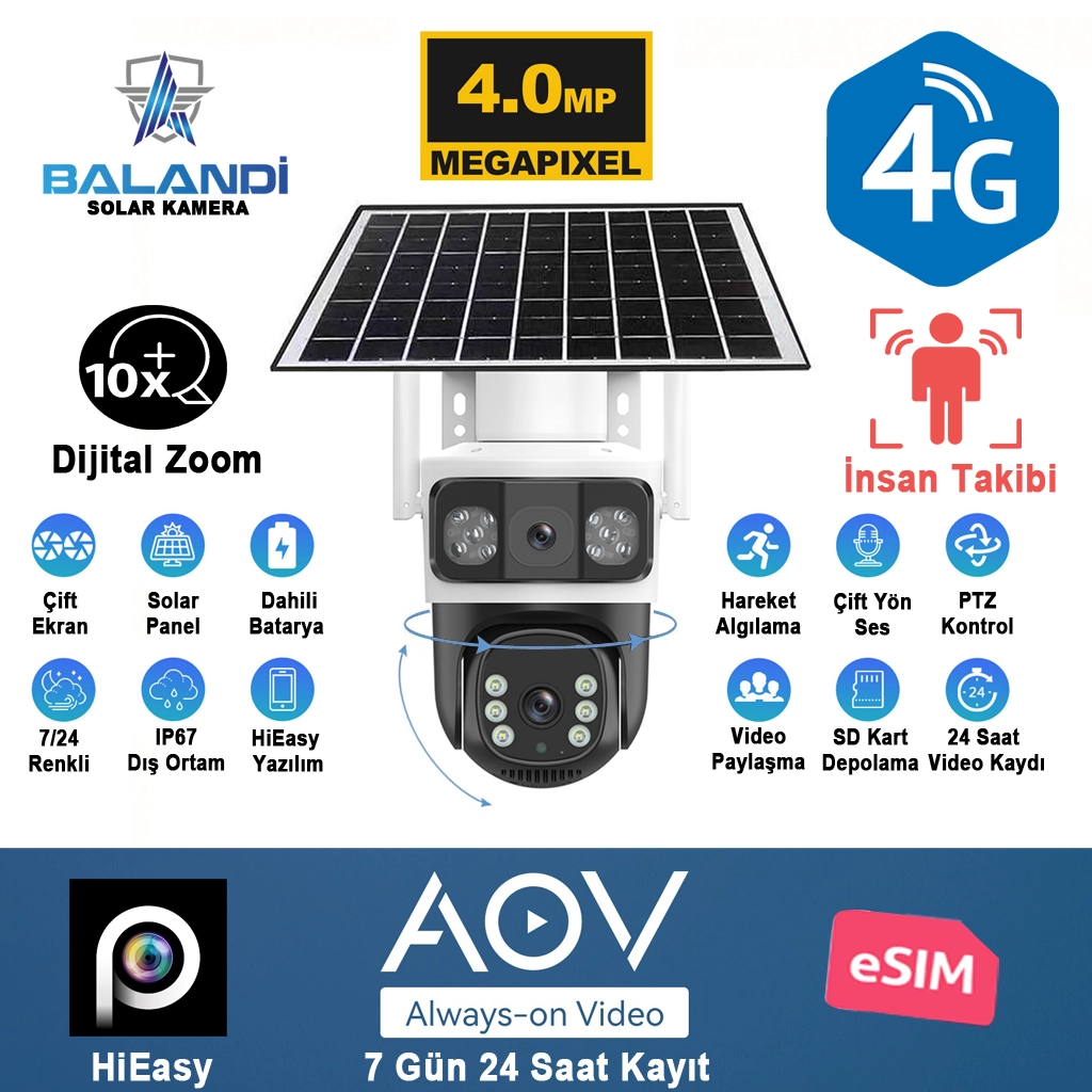 BALANDI PRO-8200GIP 4MP 2 Kamerali 4G AOV ESIM Solar Kamera, HIEASY Yazilim