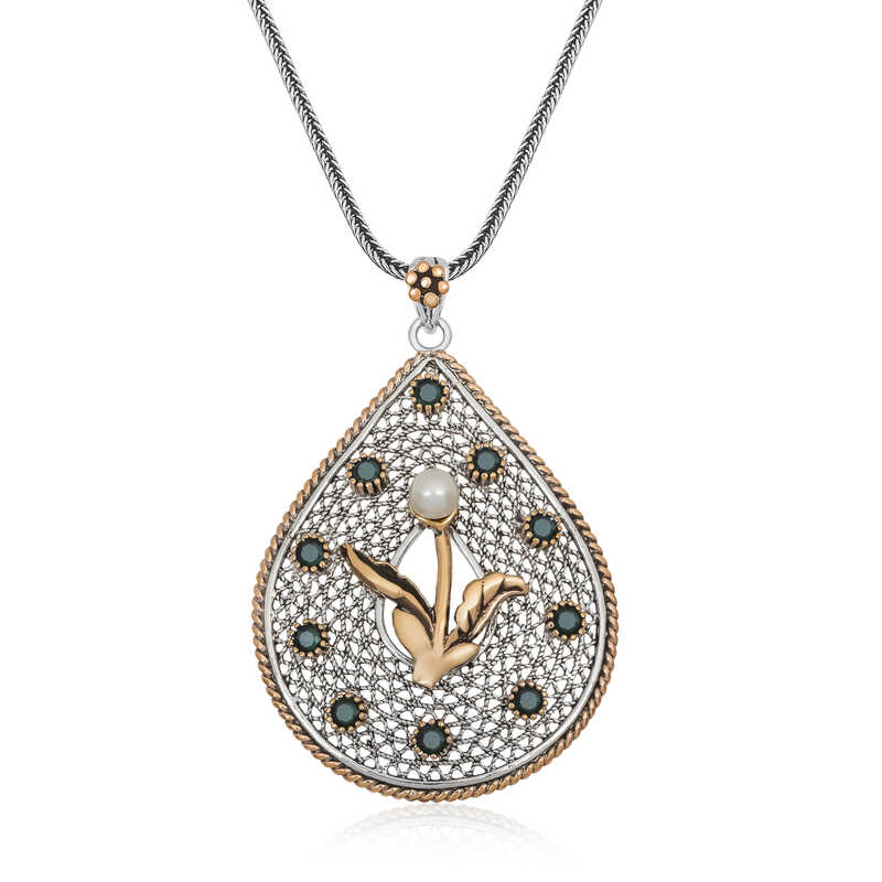 925 Ayar Gumus Inci Cicek Otantik Bayan Gumus Kolye