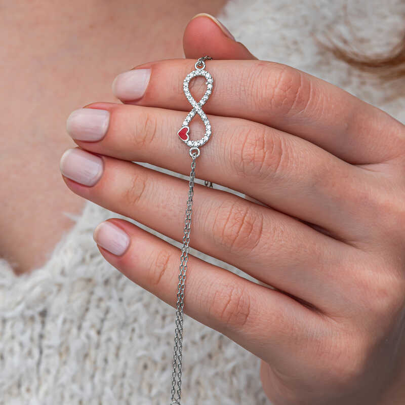 Gumus Sonsuzluk Kirmizi Kalpli Kadin Bileklik