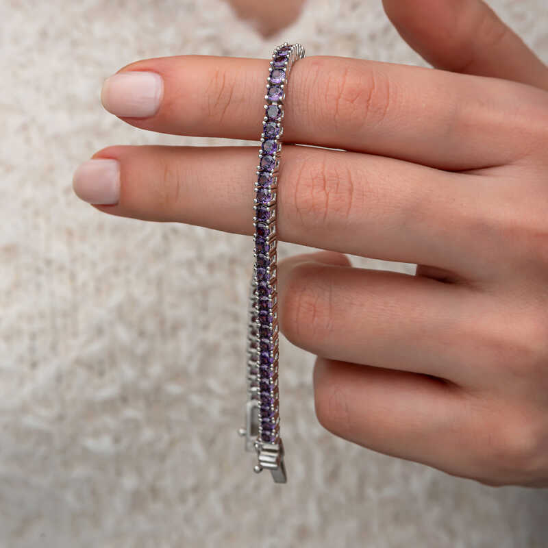 Gumus Mor Zirkon Tasli Su Yolu Kadin Bileklik