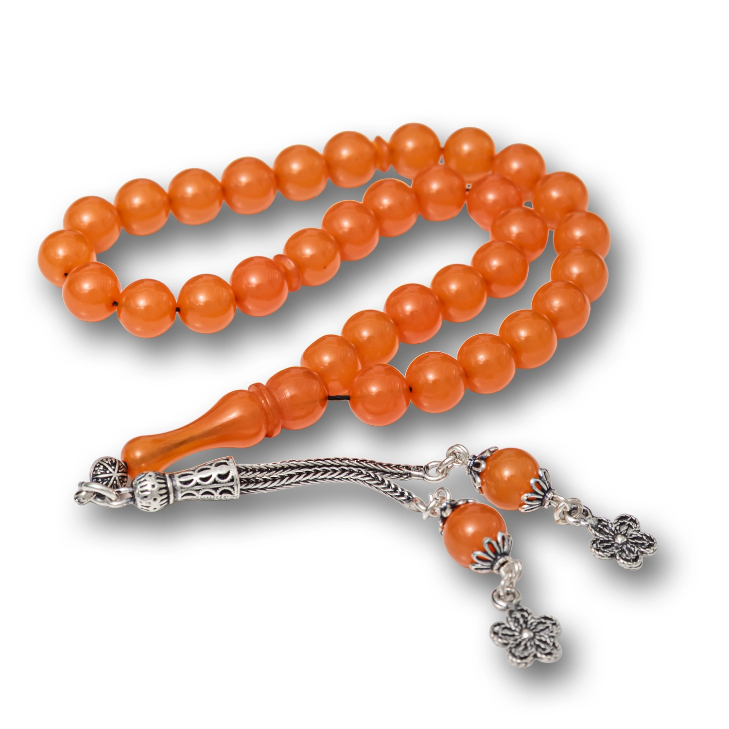 Gumus Puskullu Turuncu Yuvarlak Sikma Kehribar Tesbih