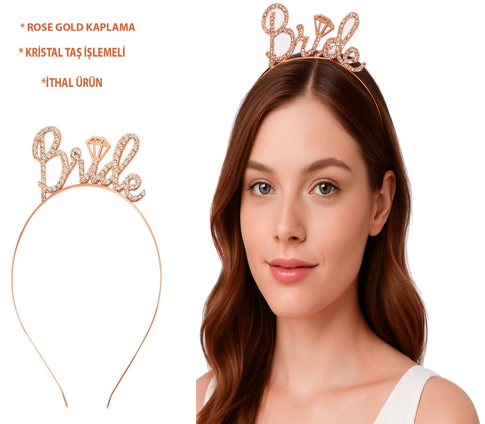 Rose Gold Renkli Tasli “Bride” Gelin Taci – El Yazisi Yazi Tipiyle
