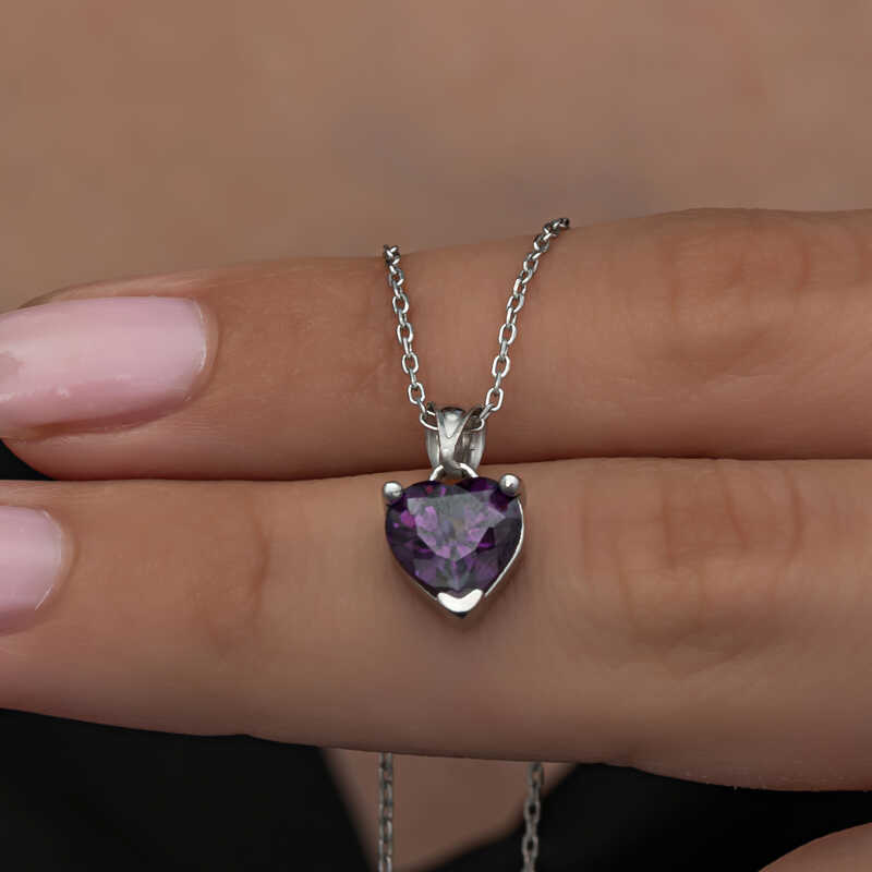 925 Ayar Gumus Mor Tasli Kalpli Kadin Kolye