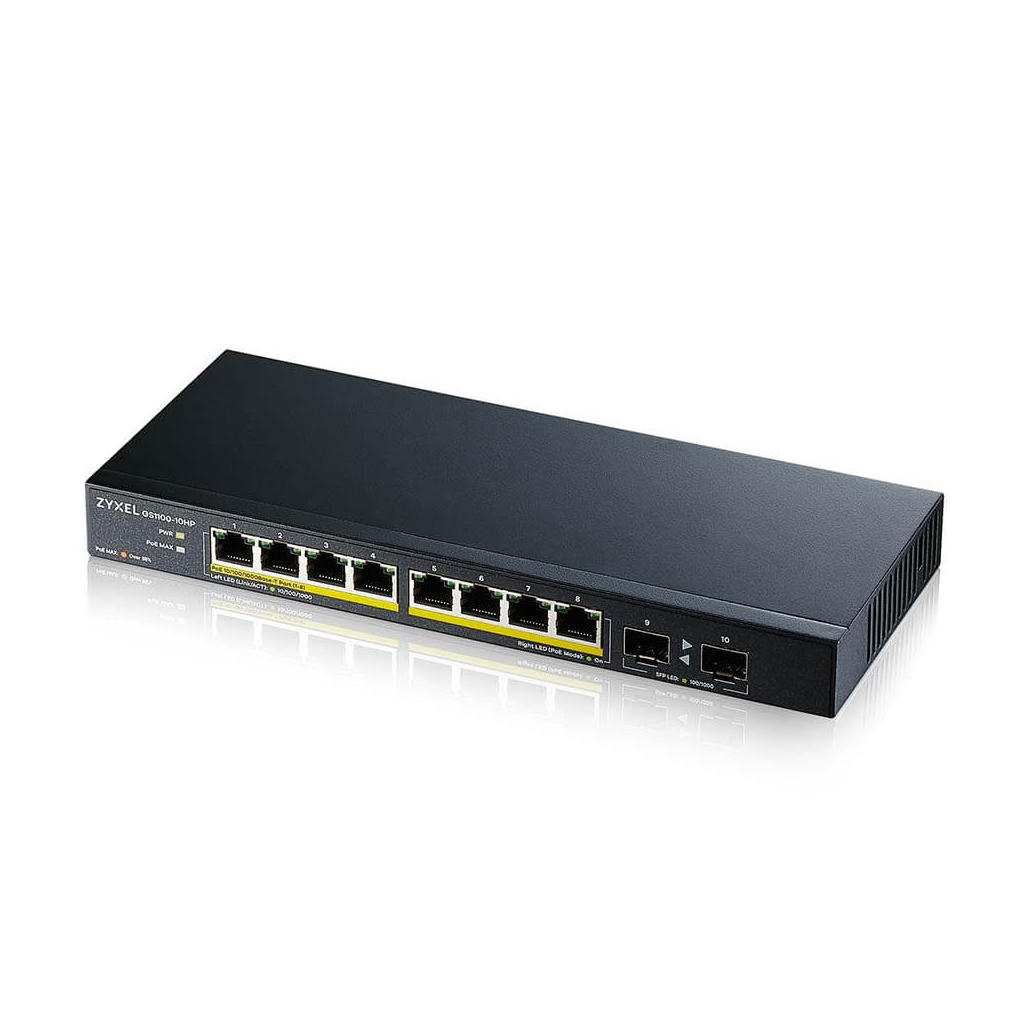 ZyXEL GS1100-10HP, 8 Port, Gigabit, PoE 130W, 2 Port GigaBit SFP, Yonetilemez, Masaustu Switch