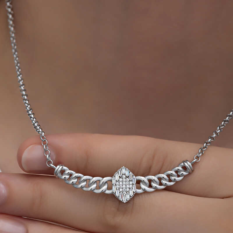 Gumus Gurmet Zincirli Baget Tasli Kadin Kolye