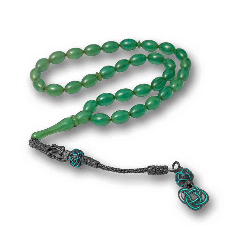 Gumus Kazaz Puskullu Yesil Sikma Kehribar Tesbih