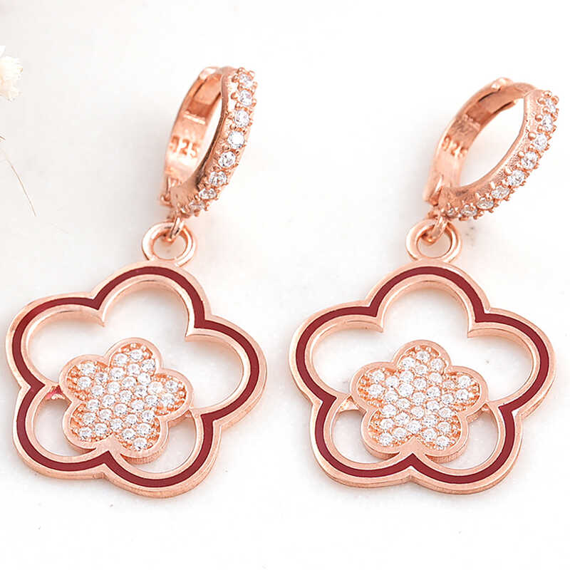 ​925 Ayar Gumus Rose Sallantili Cicek Desenli Kadin Kupe