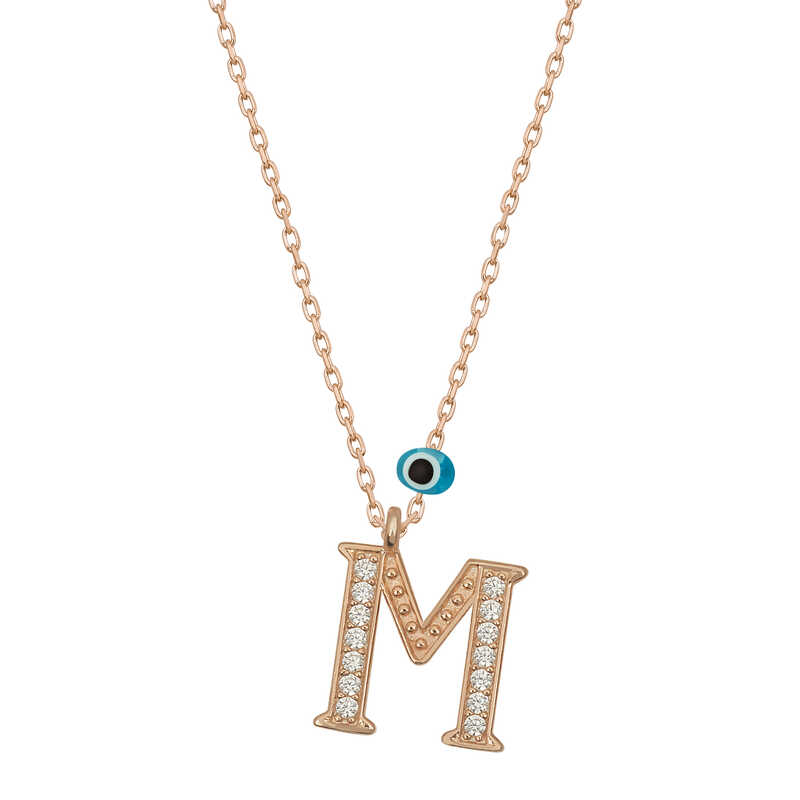 925 Ayar Gumus Nazar Rose M Harfi Kadin Gumus Kolye