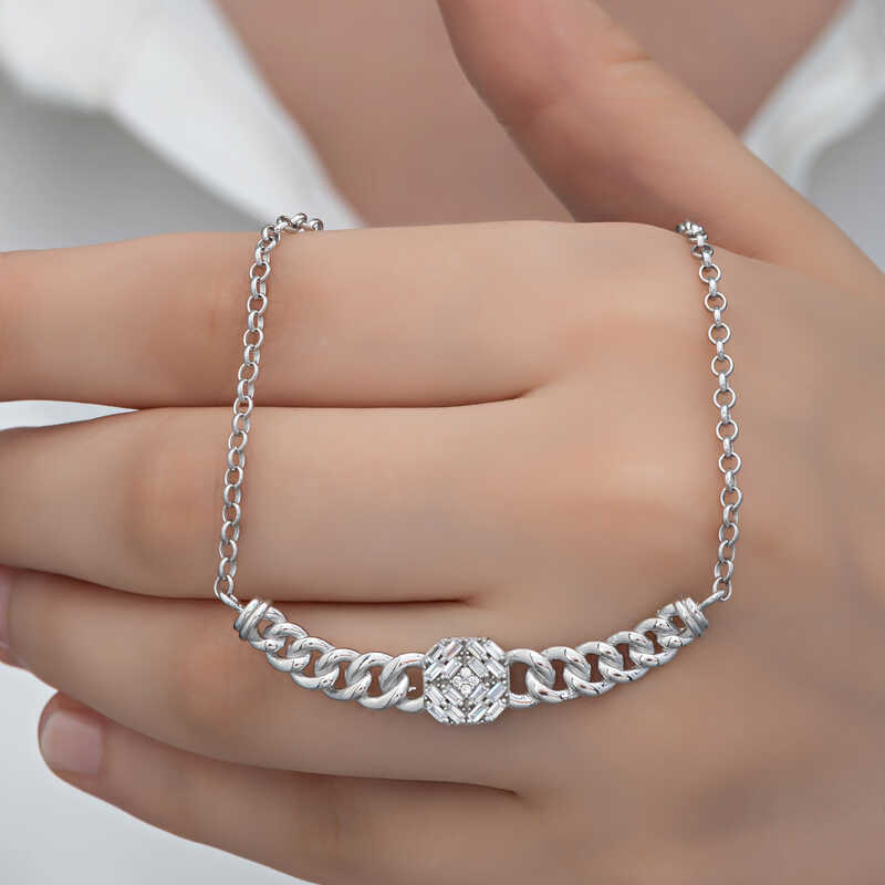 Gumus Gurmet Zincirli Kare Baget Tasli Kadin Kolye