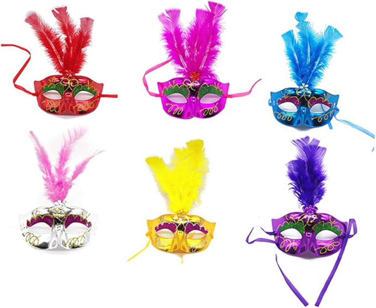 Renkli Tuylu Venedik Parti Maskesi Karisik Renk 12 Adet