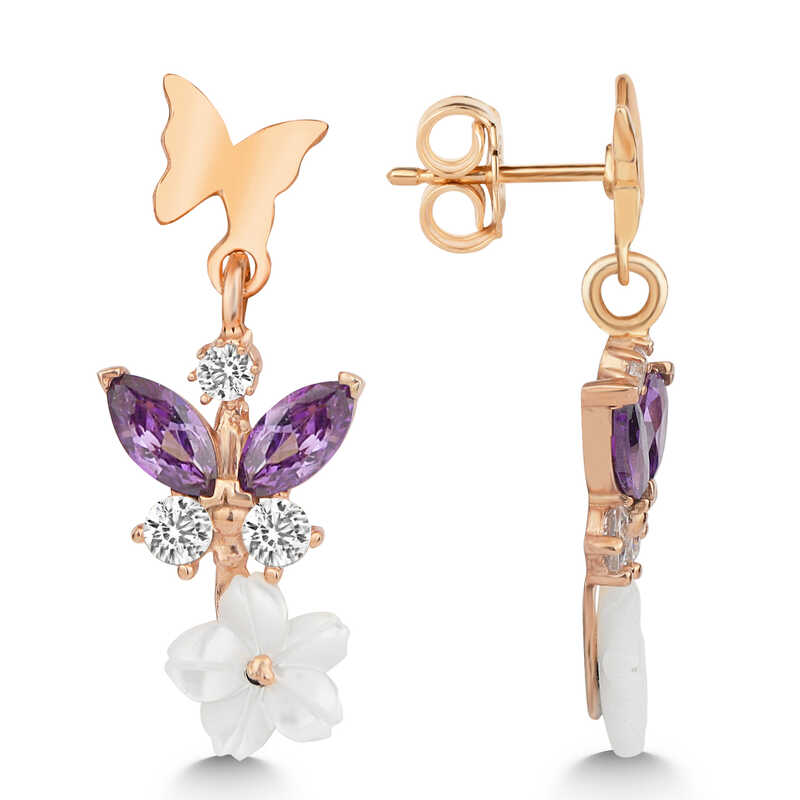 Gumus Rose Mor Tasli Sedef Cicek Civili Kadin Kupe