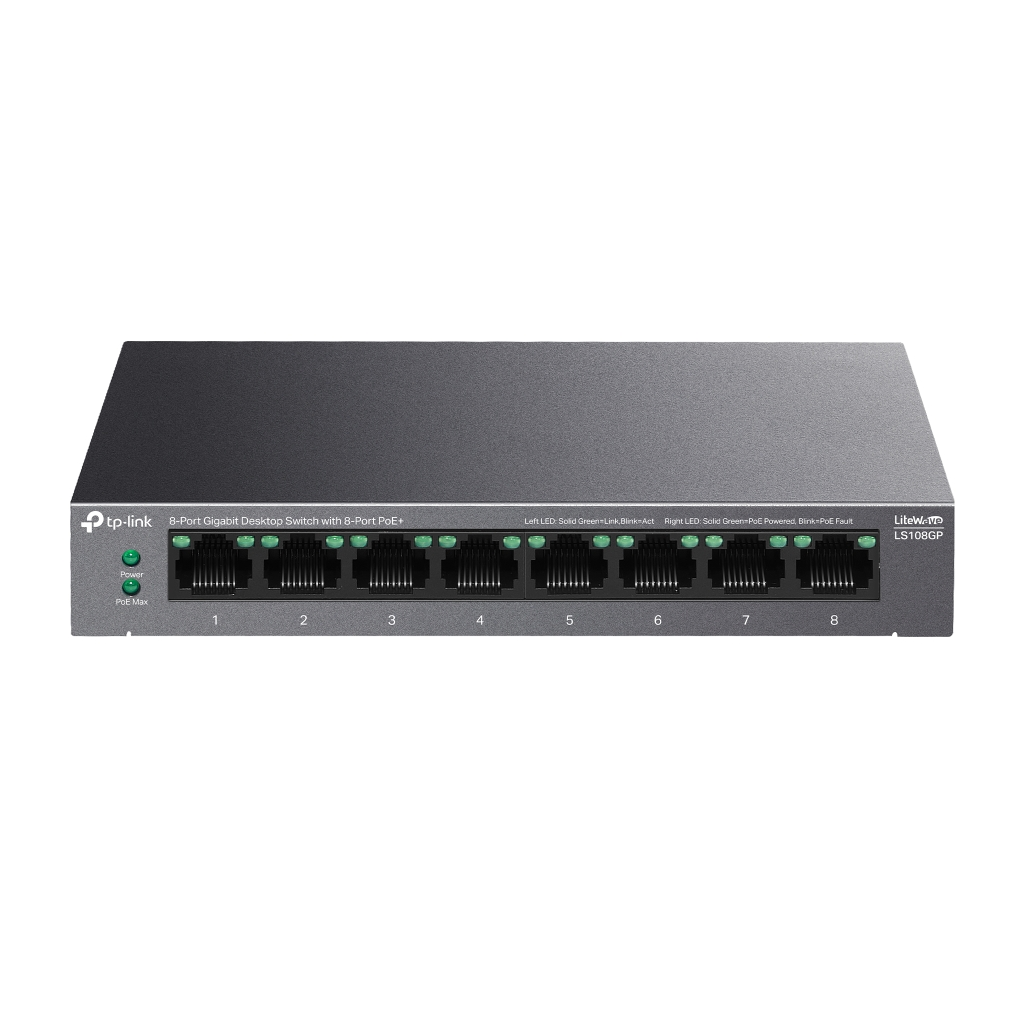 TP-LINK LS108GP, Green Tech, 8 Port GigaBit, PoE 62W, Yonetilemez, Metal Kasali Switch