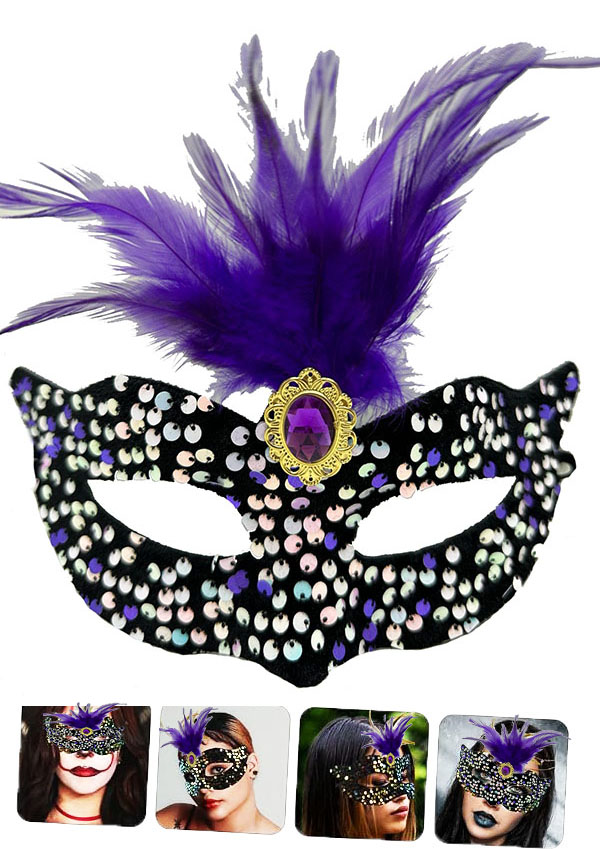 Siyah Kadife Uzeri Rengarenk Payetli Pullu Mor Tuylu Mor Tasli Parti Maskesi 19x21 cm