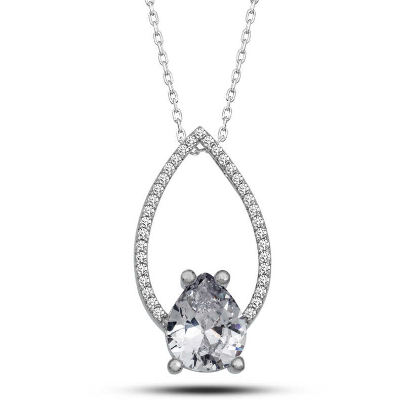 925 Ayar Gumus Beyaz Tasli Damla Kadin Gumus Kolye