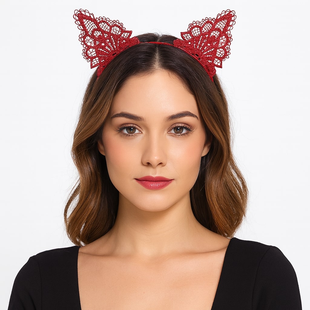 Dantelli Kirmizi Kedi Taci - Vintage Tarz Dantel Kedi Kulak