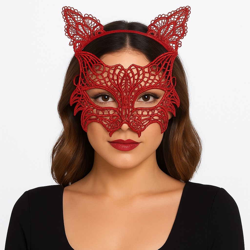 Kirmizi Dantel Kedi Maskesi ve Dantel Tac Seti 8 No – Kadin Kostum Aksesuari