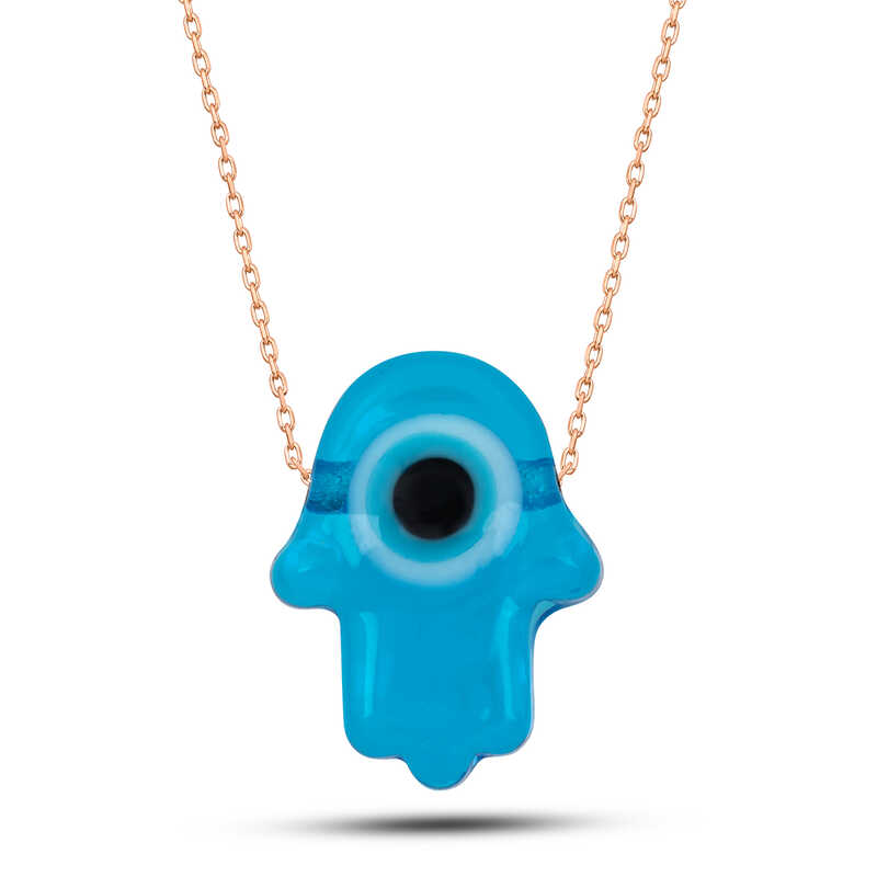 Gumus Rose Mavi Nazarli Cam Fatma Ana Eli Kadin Kolye