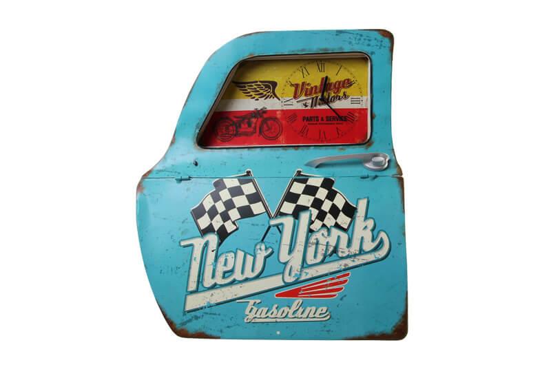 Dekoratif Newyork Temali Mavi Araba Kapisi Saatli Duvar Rafi