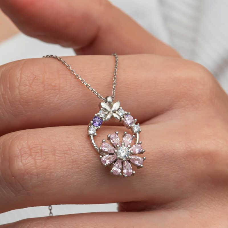 Gumus Pembe Donen Cicek Kadin Kolye