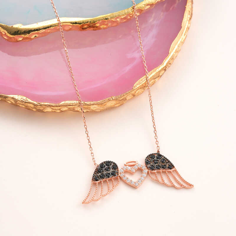 925 Ayar Gumus Kanatli Kalp Kadin Kolye