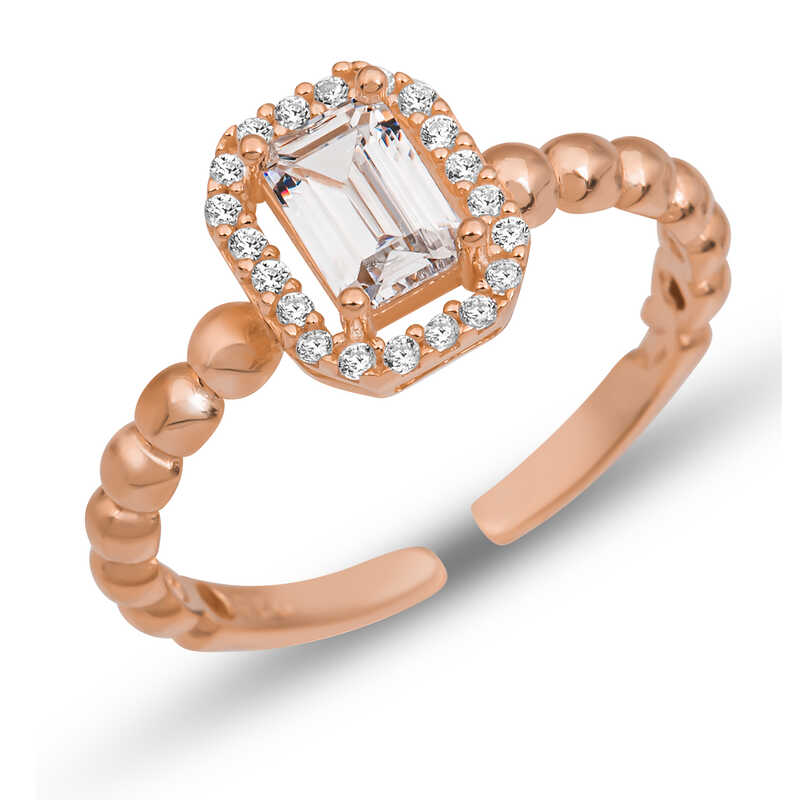 Gumus Ayarlanabilir Rose Beyaz Baget Tasli Kadin Yuzuk