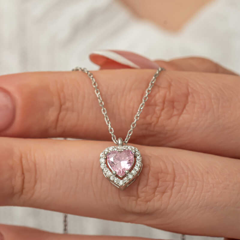 Gumus Pembe Kalp Kadin Kolye