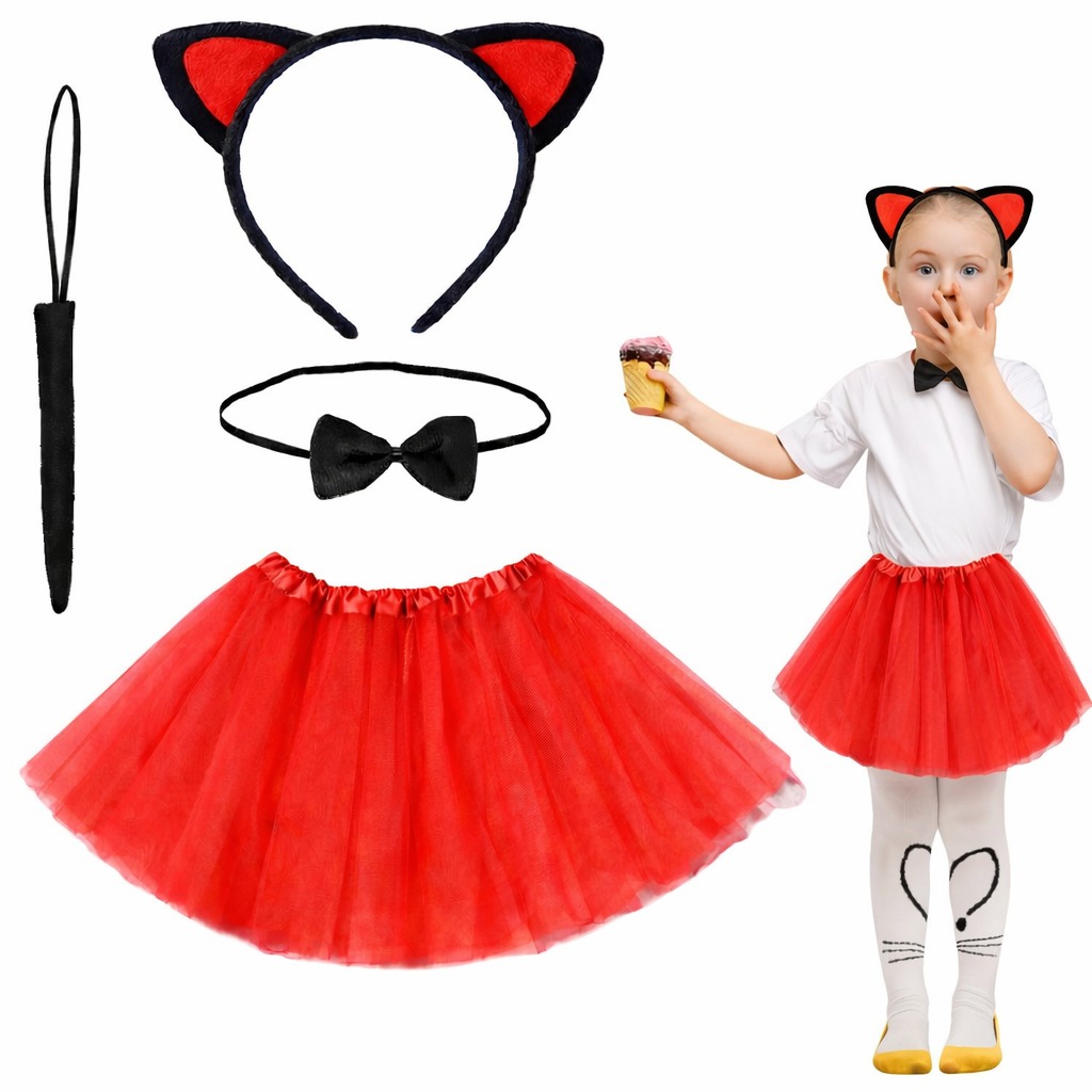 Kirmizi Renk Etekli Kedi Kostum Seti (Tutu, Tac, Papyon, Kuyruk)