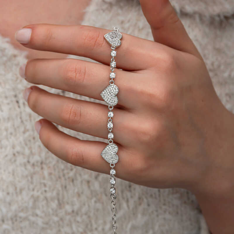 Gumus Zirkon Tasli Sirali Kalp Kadin Bileklik