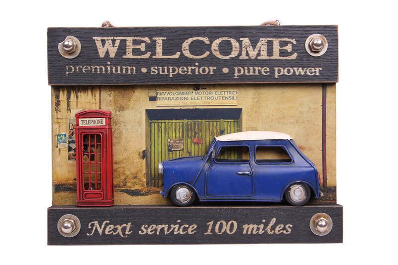 Dekoratif Metal Kapi Yazisi Araba ve Telefon Kulubesi Dekorlu