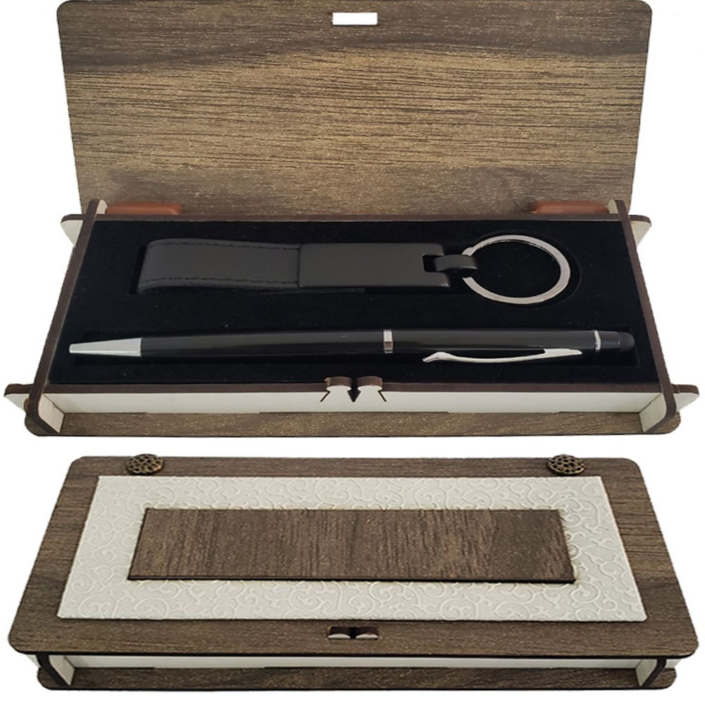 Ahsap Kutulu Siyah Kalem ve Anahtarlik Set