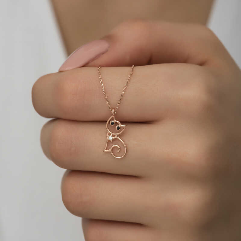 925 Ayar Gumus Rose Kedi Kadin Gumus Kolye