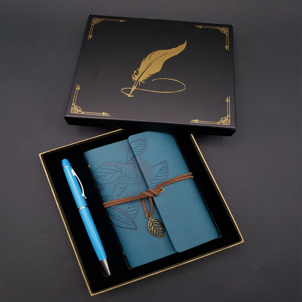 Metal Kalem ve Mavi Deri Defter
