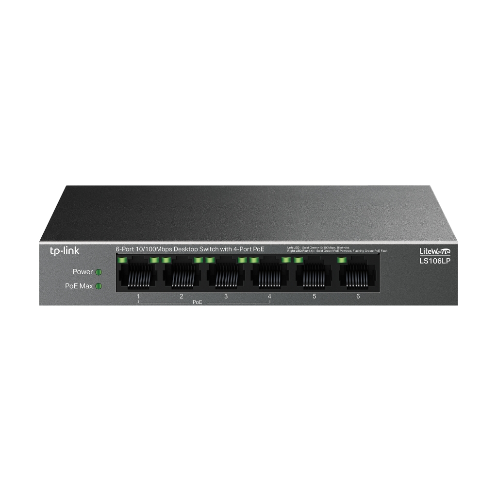 TP-LINK LS106LP, Green Tech, 6 Port, MegaBit, 4 Port PoE 41W, Metal Kasa, Yonetilemez, Masaustu Switch