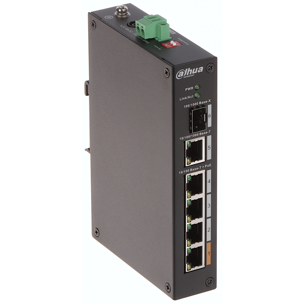 DAHUA PFS3106-4ET-60-V2, 4 Port, Megabit, PoE 60W, 1 Port Gigabit Uplink, 1 Port Gigabit SFP, Yonetilemez, Masaustu Switch