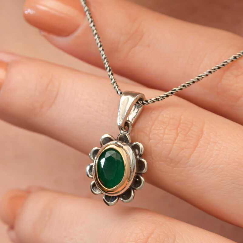 Gumus Yesil Cicek Desenli Otantik Kadin Kolye