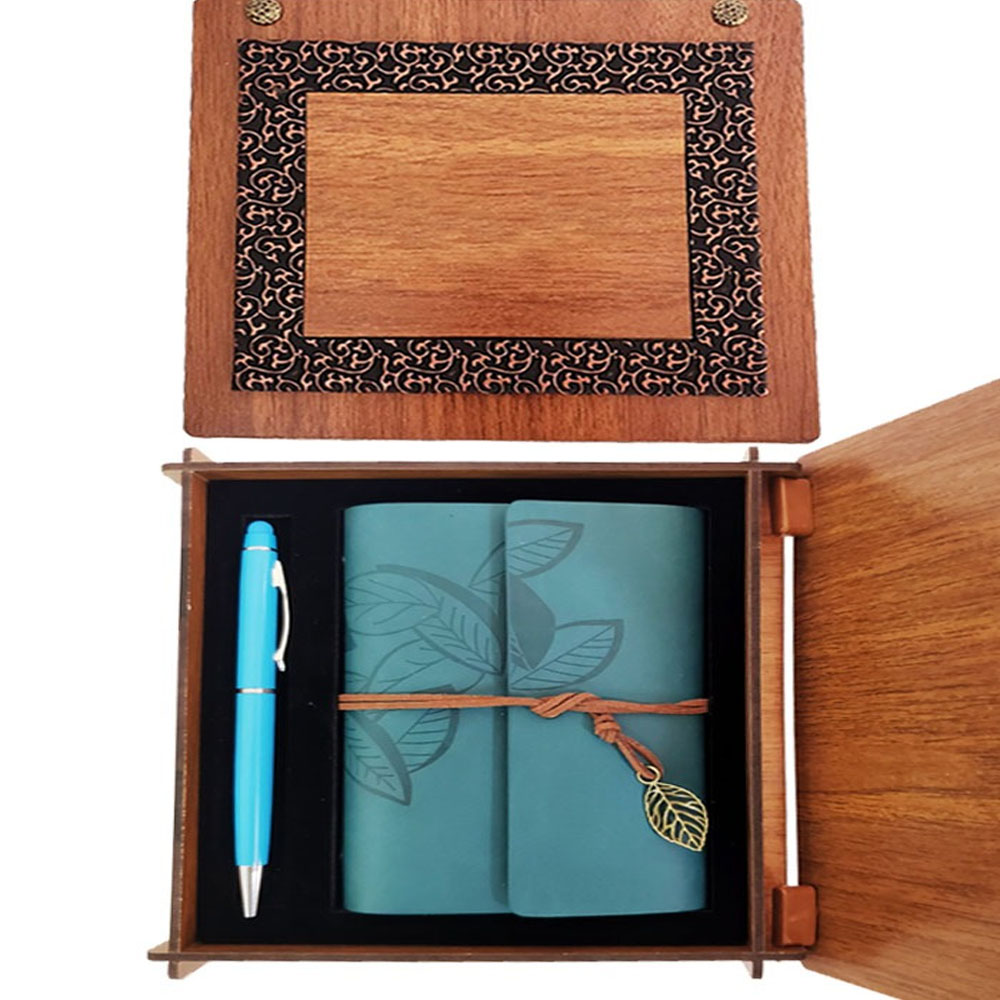 Ahsap Kutulu Mavi Deri Defter Kalem Seti