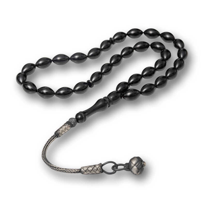 Gumus Kazaz Puskullu Siyah Sikma Kehribar Tesbih