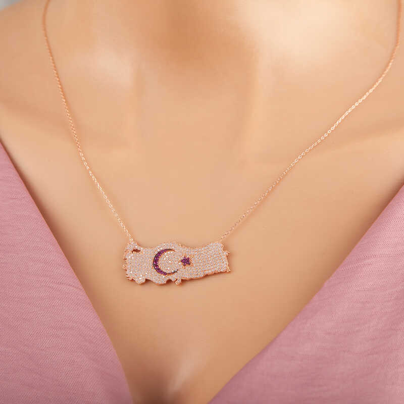 925 Ayar Gumus Rose Ay Yildiz Turkiye Haritasi Kadin Kolye