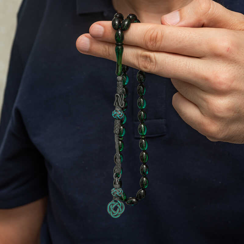 Gumus Kazaz Puskullu Yesil Sikma Kehribar Tesbih